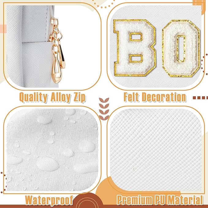 CY2SIDE White BOSS Letter Patch Makeup Bag Gifts for Women PU Leather Patch Cosmetic Bag with Chenille Letter for Travel Waterproof Portable Zipper Big Organizer for Boss's Day Gifts