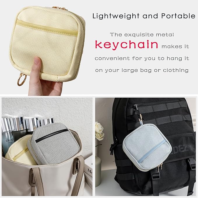 Small Canvas Makeup Bag with Compartments for Purse, Wide-open Makeup Pouch with Zipper and Keychain, Key Pocket Lipstick Bag Travel Organizer Bag(01Beige)