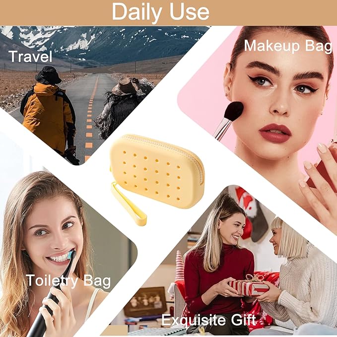 Portable Silicone Makeup Bag for Women, Small Travel Toiletry Cosmetic Bag with Decorative Holes, Zipper Closure Organizer Makeup Case with Handle (Yellow)