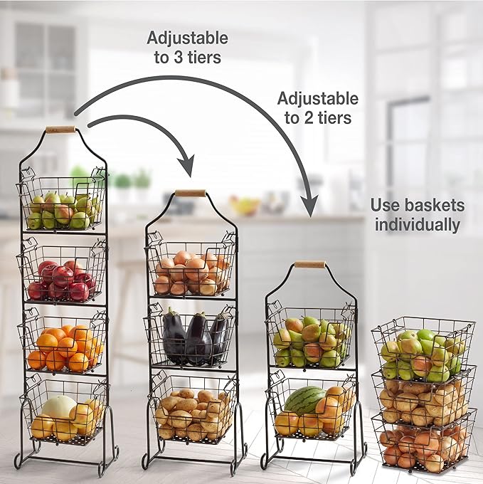 Gourmet Basics by Mikasa Ferme 4-Tier Metal Floor Standing Fruit/Home Storage Market Basket, Antique Black