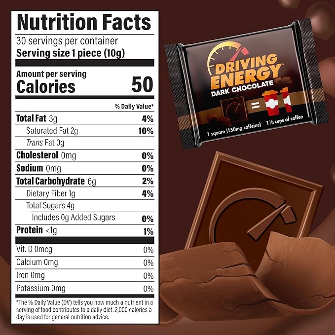 Driving Energy - Caffeinated Energy Bite Size - Dark Chocolate Energy Fuel with 150mg Caffeine - Long-Lasting Energy for Gym, Workout, Adults - Great Taste - Low Carb - Healthy Snack - 30 Count