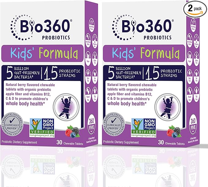 Kids Probiotic Supplement, Daily Support for Kid's Gut, Immune, Brain & Whole Body Health, 15 Strains 5 Billion CFU, Organic Prebiotic Apple Fiber, 30 Chewable Mixed Berry Flavor (2 Pack)