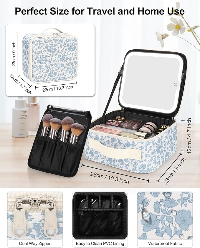 Chomeiu Makeup Bag with LED Mirror, Cute Cosmetic Bags Birthday Gifts for Girls Women, Makeup Train Case Artists Organizer Large Make Up Bags with Light Up Mirror 3 Color Lights, Floral Print