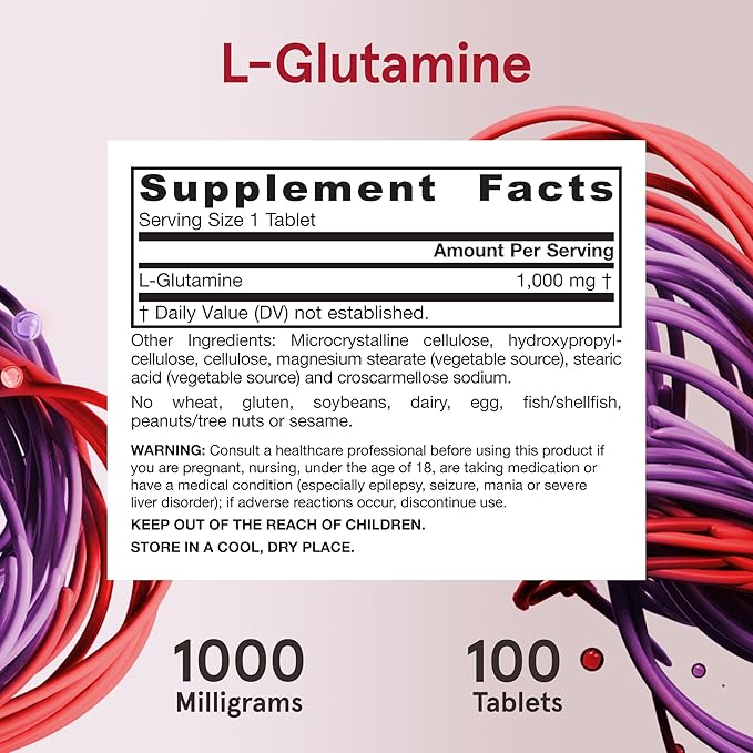 Jarrow Formulas L-Glutamine 1000 mg, Dietary Supplement for Muscle Tissue, Multifunctional Amino Acid, Immune Support , 100 Easy-Solv Tablets, 50-100 Day Supply