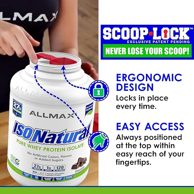 ALLMAX ISONATURAL Whey Protein Isolate, Chocolate - 2 lb - 27 Grams of Protein Per Scoop - Zero Fat & Sugar - 99% Lactose Free - with Prebiotics - No Artificial Flavors - Approx. 29 Servings