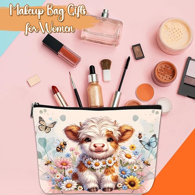 Highland Cow Gifts Makeup Bag - Floral Butterfly Highland Cow Cosmetic Bag with Zipper, Adorable Western Gifts for Cattle Farm Animal Lovers, Christmas Birthday Present for Friends Families