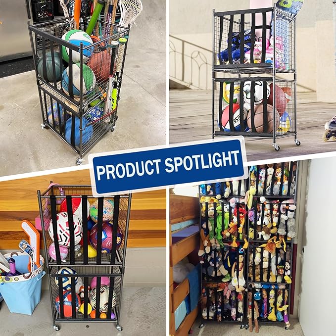 Mythinglogic Rolling Sports Ball Storage Cart, Sports Lockable Ball Storage Locker with Elastic Straps, Stackable Ball Cage for Garage Storage Garage Organizer