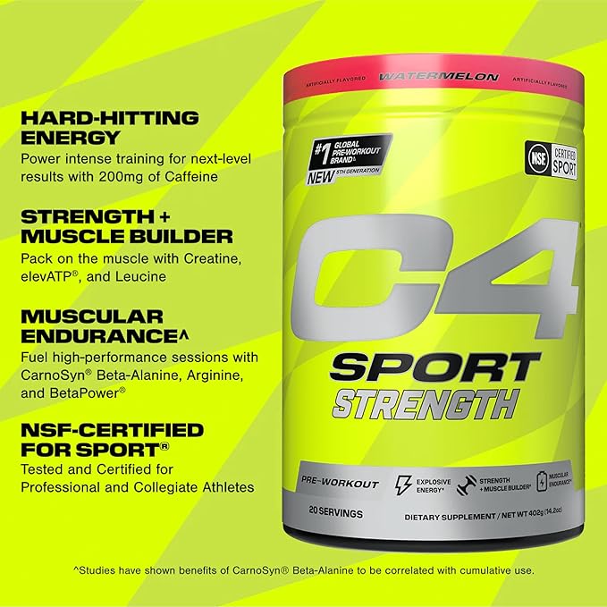 Cellucor C4 Sport Strength Pre Workout Powder - NSF Certified for Sport - Beta-Alanine, Creatine, 200mg Caffeine - Sugar Free Energy Supplement for Men & Women - Watermelon, 20 Servings