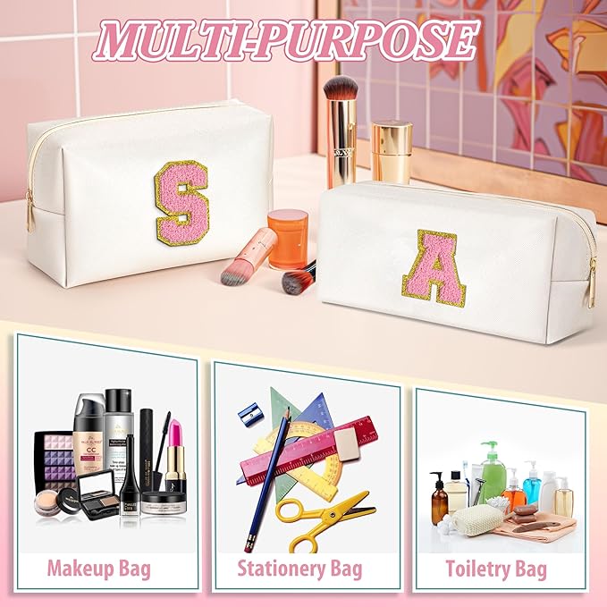 TOPEAST Monogrammed Gifts for Women, Personalized Initial Cosmetic Bag With Zipper, 2 PCS Makeup Pouch Makeup Organizer Bag PU Leather Waterproof Preppy Makeup Bag For Women, White E