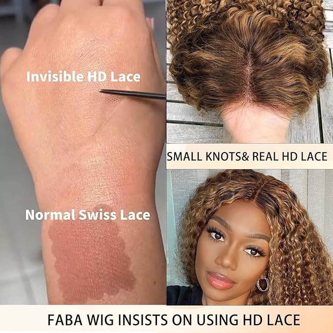 FABA Honey Blonde Highlights Lace Front Wigs Human Hair 28 Inch #4/27 Ombre Curly Human Hair Wig 180% Density Brown and Blonde for Women Highlight Deep Wave Human Hair Wig with Baby Hair