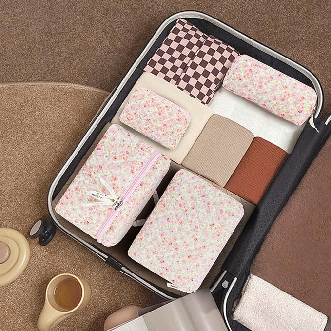 4Pcs Quilted Makeup Bag Set Cute Floral Cosmetic Bag Cotton Coquette Make up Bag Aesthetic Travel Toiletry Bag for Women Girls