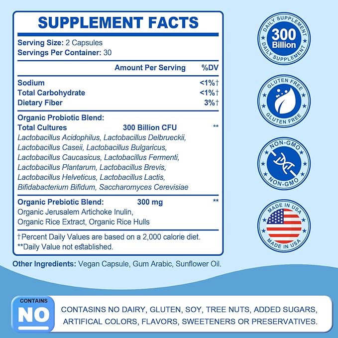 Probiotic 300 Billion CFU - 12 Strains Probiotics with Organic Prebiotics for Digestive & Gut, Immune, Bloating Health - Probiotics for Women and Men - Daily Probiotics Supplement -120 Counts