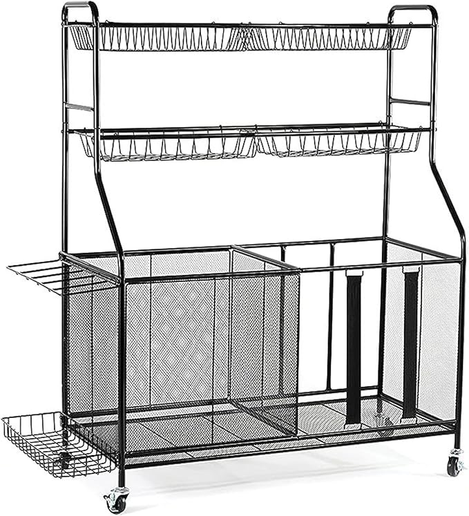 HOME IT Garage Sports Equipment Organizer - Garage Ball Storage Rack Organizer Holder with Baskets, Rolling Wheels & Breaks - Large Capacity Heavy Duty Steel Ball Storage Cart