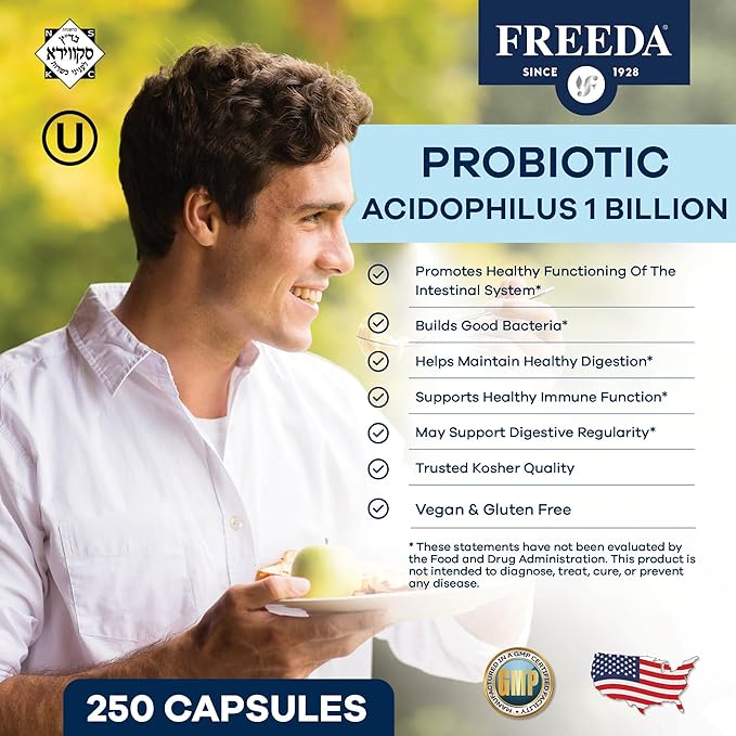 FREEDA Acidophilus Probiotic 1 Billion CFU - Lactobacillus Acidophilus Probiotics for Women & Men - Women's Probiotics for Digestive Health - Gut Health Supplements for Women & Men (250 Capsules)
