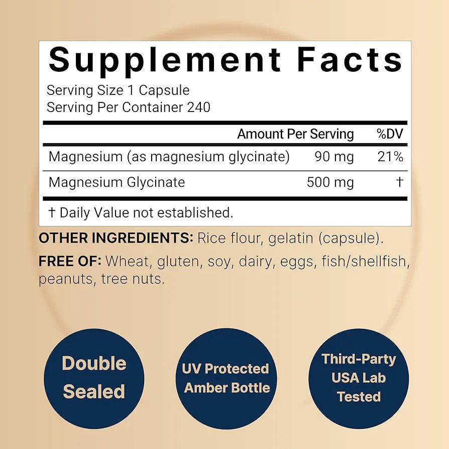 NatureBell Magnesium Glycinate 500mg, 240 Capsules | 100% Chelated & Purified | Sleep, Muscle & Heart Support | 3rd Party Tested, Non-GMO, Gluten-Free