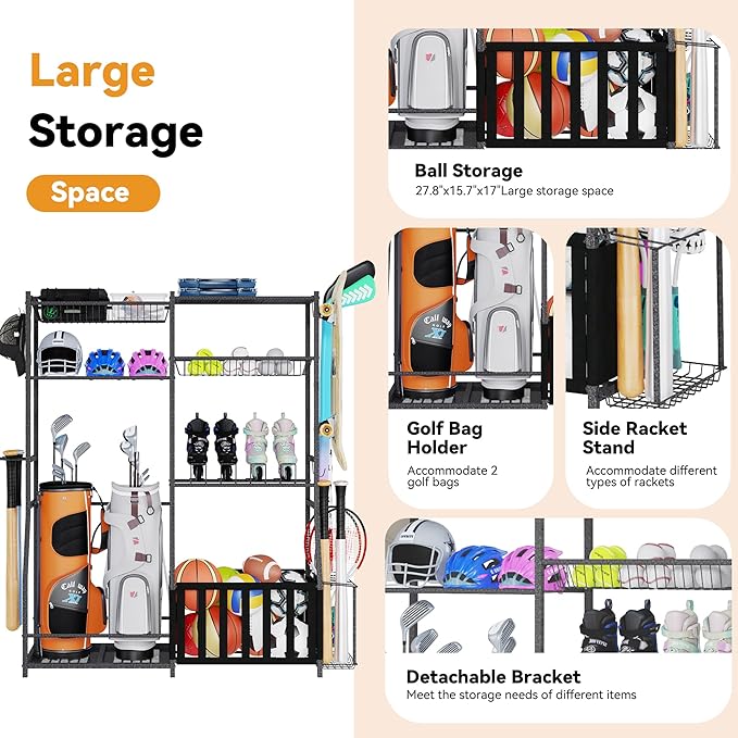HOMREST Sports Equipment Storage,2 Golf Bag Storage Stand, Ball Holder, Garage Sports Organizer with Basket and Hooks, Sports Ball Storage for Toy Sports Gear Storage, Black