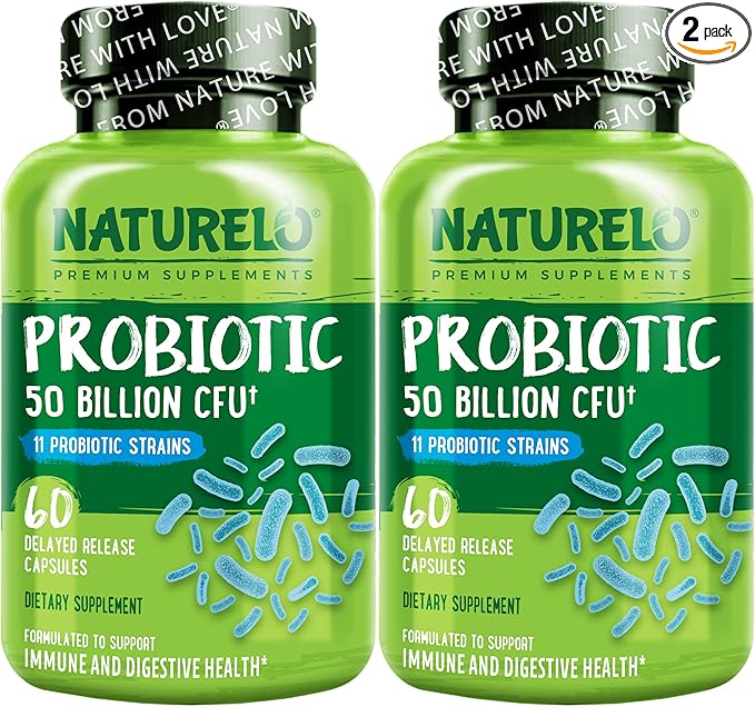 NATURELO Probiotics for Digestive Health - 50 Billion CFU, 11 Strains, Daily Use Supplement - Boosts Immune System, Delayed Release, No-Fridge, 60 Vegetarian Capsules (2 Pack)