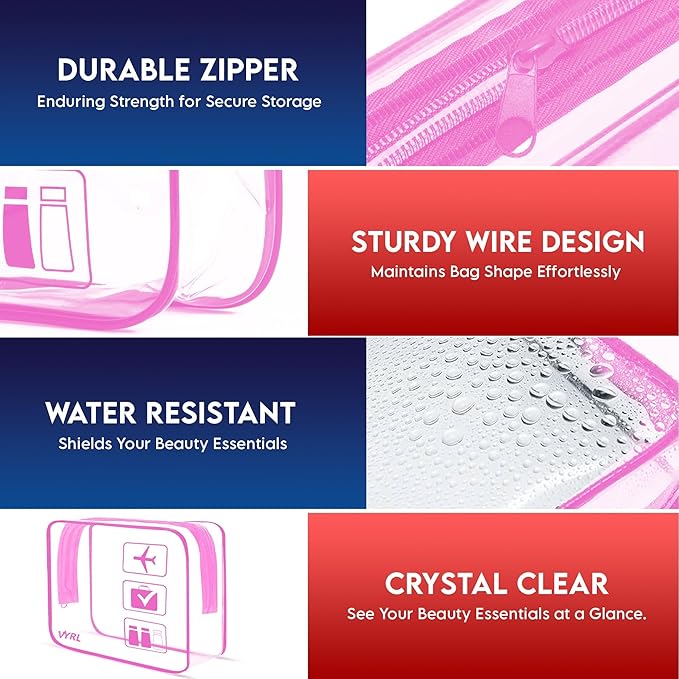 VYRL 3 Pack Clear Makeup Bag - Quart Size 3-1-1 TSA Approved Toiletry Bag with Zipper - Water-Resistant Durable PVC Clear Toiletry Bag for Carry-on Airport Travel Accessories - Rose Pink