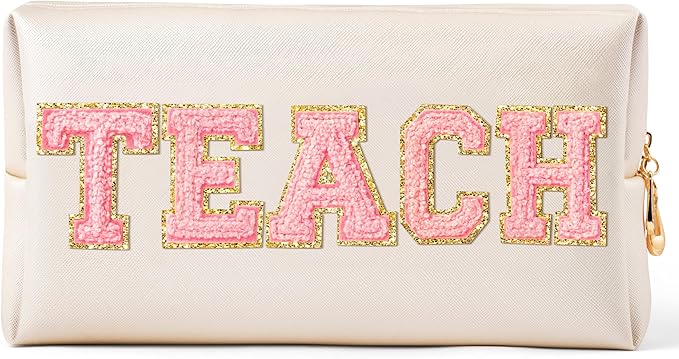CY2SIDE TEACH Letter Makeup Bag - Pink TEACH Chenille Letter Patch Cosmetic Bag Shell Gold PU Leather Patch Travel Pouch Waterproof Portable Zipper Travel Organizer Case for Teacher Appreciation Gifts
