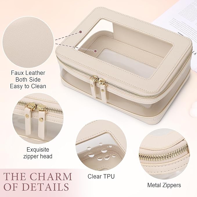 Travel Clear Makeup Bag with Brush Case TSA Approved Toiletry Bag Waterproof Cosmetic Organizer Car Essential for Women (Beige, M+SLIM)