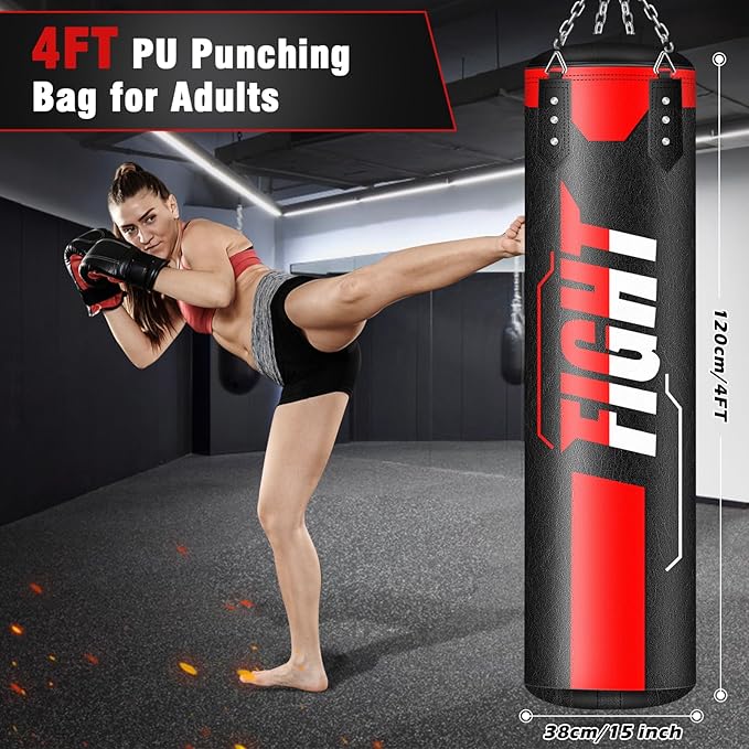 Hanging Punching Bag for Adults, 4ft PU Leather Heavy Boxing Bag Set, Hanging Bag Boxing Equipment for MMA Karate Kickboxing Boxing Home Gym