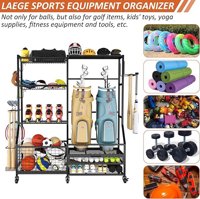 Gadroad Sports Equipment Organizer, Ball Rack, Gear & Ball Storage - Garage Organizer with Baskets, Hooks & Rolling Cart - Black