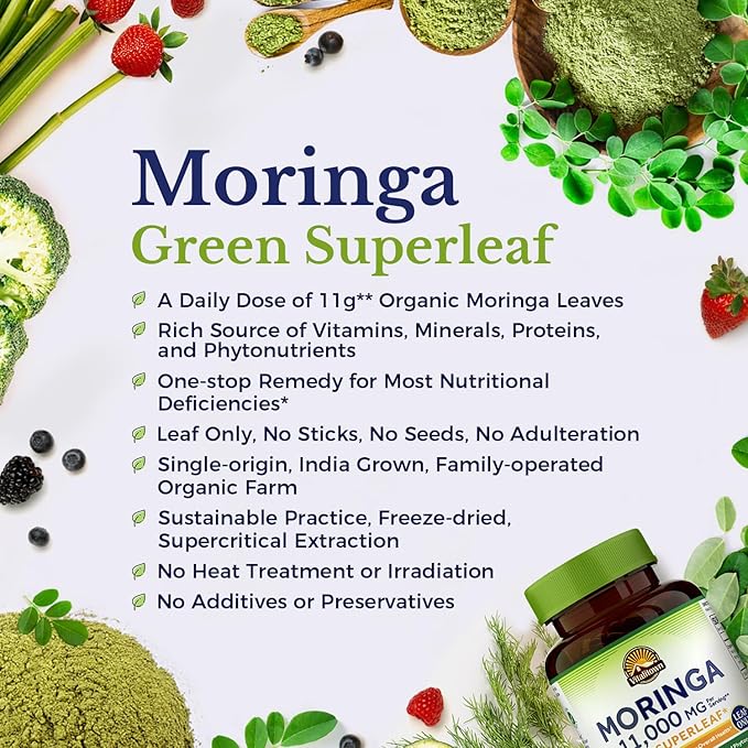 Vitalitown Moringa Capsules 11,000 MG, Pure Moringa Supplement, Green Moringa Leaves, No Sticks, No Caffeine, Moringa Oleifera, Energy, Appetite, 90 Capsules