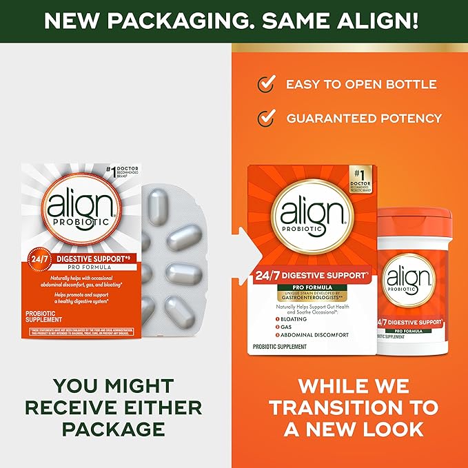 Align Probiotic, Pro Formula, Probiotics for Women and Men, Daily Probiotic Supplement, Helps Relieve Occasional Bloating & Gas*, #1 Doctor Recommended Brand‡, 30 Capsules (Packaging May Vary)