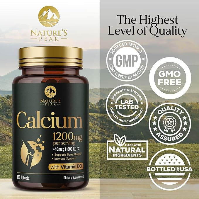 Calcium 1200 mg with Vitamin D3, Calcium Supplement Vitamins, Supports Bone Strength, Teeth & Immune System, Calcium Supplements for Women & Men, Nature's Absorbable Calcium Carbonate - 120 Tablets