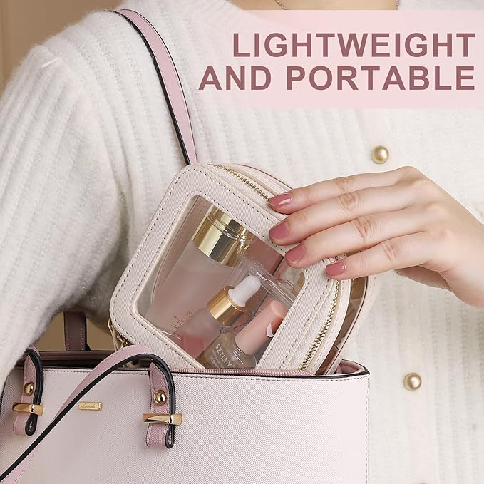 Clear Makeup Bag with Zipper Waterproof Travel Makeup Set for Cosmetics and Toiletries Women's Purse Organizer and Car Essentials (Beige, M+MINI)
