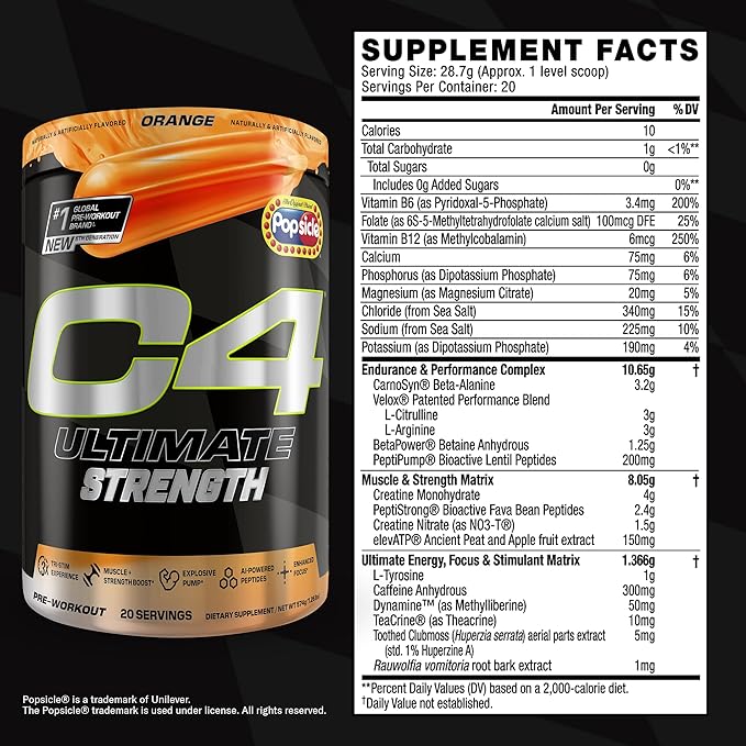 Cellucor C4 Ultimate Strength Pre Workout Powder - Tri-Stim Experience 300mg Caffeine+TeaCrine+Dynamine - Creatine & Beta-Alanine - Energy Supplement for Men & Women - Orange Popsicle, 20 Servings