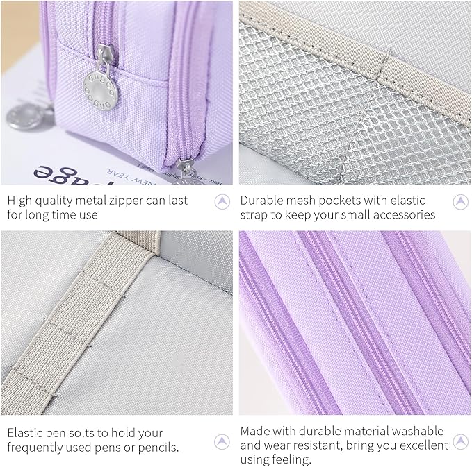 CICIMELON Large Capacity Pencil Case 3 Compartment Pouch Pen Bag for School Teen Girl Boy Men Women (Purple)
