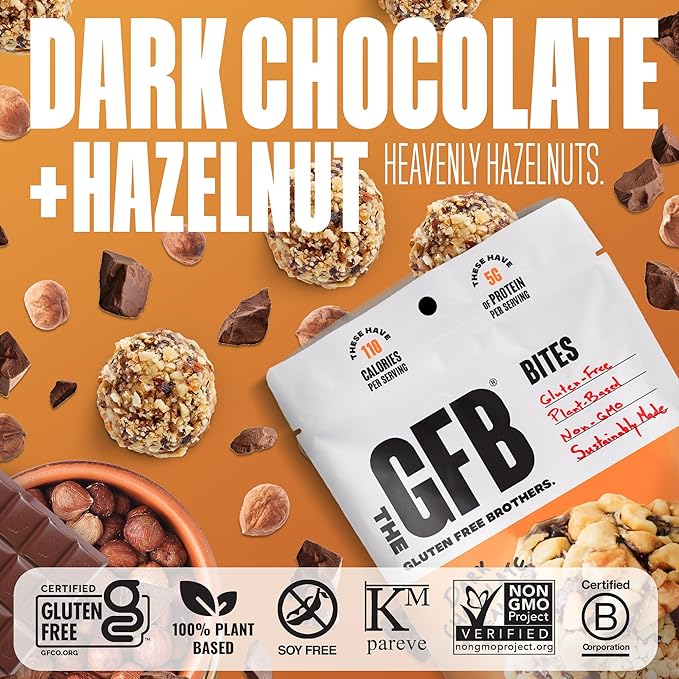 The Gluten Free Brothers Dark Chocolate Hazelnut Bites - Grain Free Protein Balls – Non GMO, Soy Free, Vegan – Paleo Friendly Snack Size Plant Based Protein Energy Balls, 4 oz (6 Count)