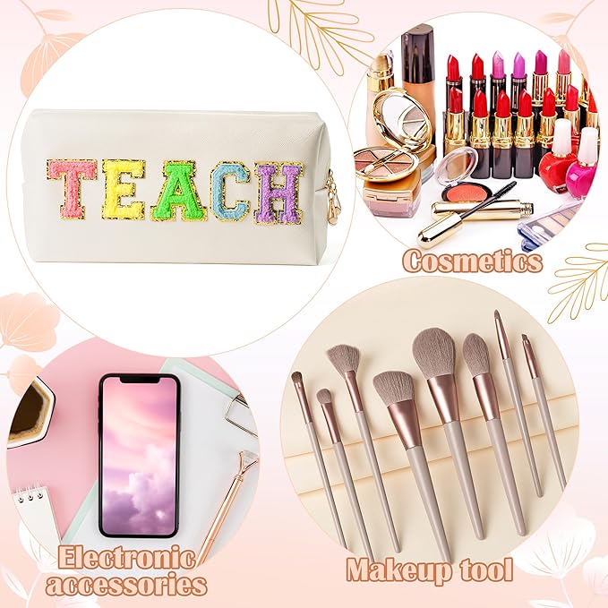 CY2SIDE Colorful TEACH Letter Patch Makeup Bag Shell Gold PU Leather Patch Cosmetic Bag with TEACH Chenille Letter for Travel Waterproof Portable Zipper Travel Organizer for Teacher Appreciation Gifts