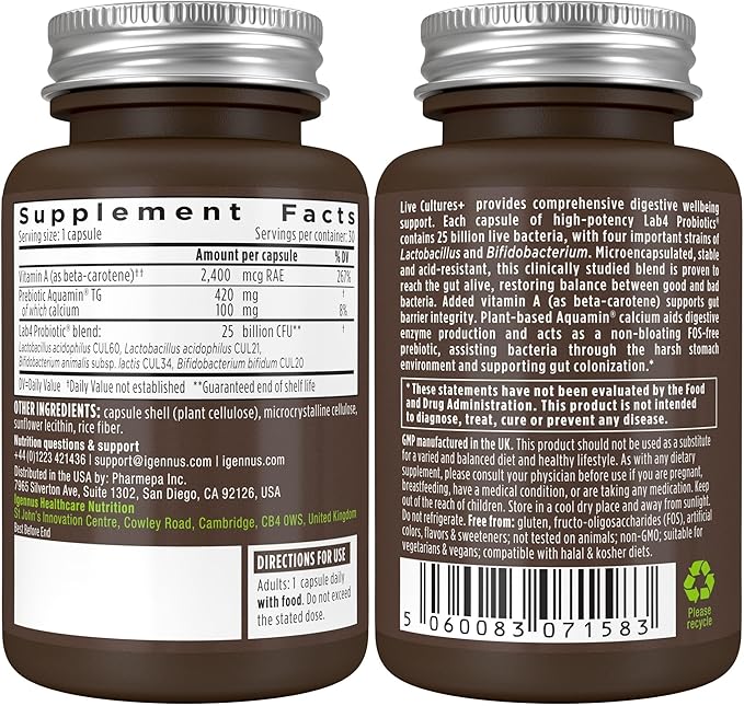 Live Cultures+ Lab4 Probiotics & Prebiotic, Lactobacillus Acidophilus & Bifidobacterium, Guaranteed 25 Billion CFU,Vegan, Non-Bloating Gut Health Support, Non-GMO, 30 Capsules, by Igennus