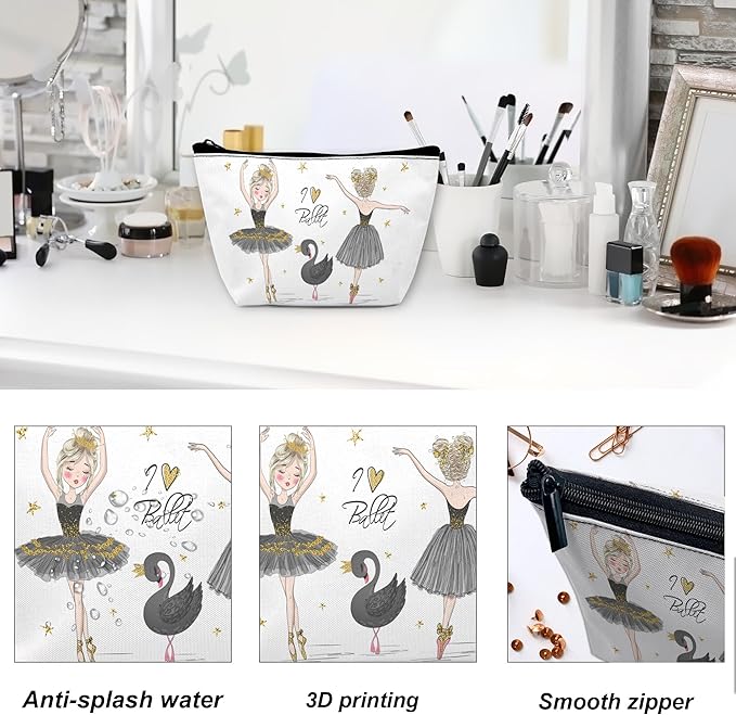 Cute Makeup Bag for Purse, Ballerina with Black Swan Cosmetic Bag for Women, Travel Toiletry Funny Zipper Pouch Gift 9.5×5.9 Inch