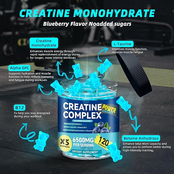 Creatine Monohydrate Gummies 6500mg per Serving for Men & Women - 120 Gummies X5 Strength Sugar Free Chewable Creatine for Muscle Builder, Muscle Strength, Pre-Workout Supplement (Blueberry)