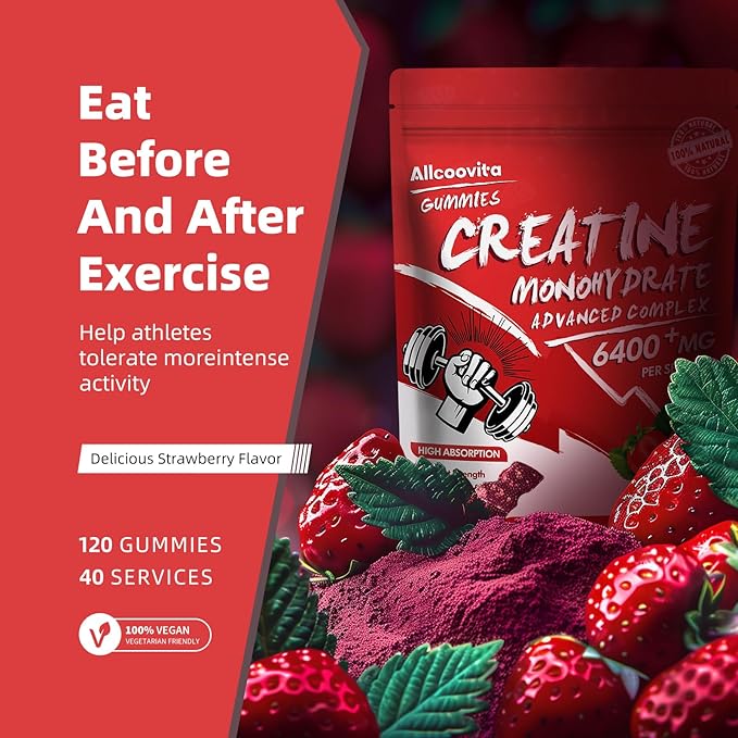 Creatine Monohydrate Gummies Complex 6400mg for Men & Women - 120 Gummies Advanced Formula, L-Taurine + Vitamin B12 for Muscle Strength, Muscle Builder, Energy Boost, Pre-Workout Supplement-Strawberry