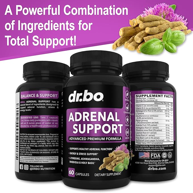 Adrenal Support Cortisol Manager Supplement - Adrenal Fatigue Supplements for Women & Men with Natural Adaptogen Ashwagandha Holy Basil Rhodiola L Tyrosine Complex Adrenal Cortisol Health - 60 Pills