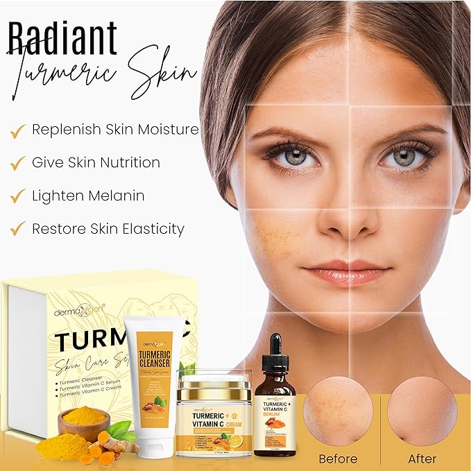 Turmeric Complete Facial Care Kit - Organic Glowing Skin Anti-Aging, Rejuvenating, Boosting Collagen & Hydrating - Day & Night Brightening Skincare Gift Set