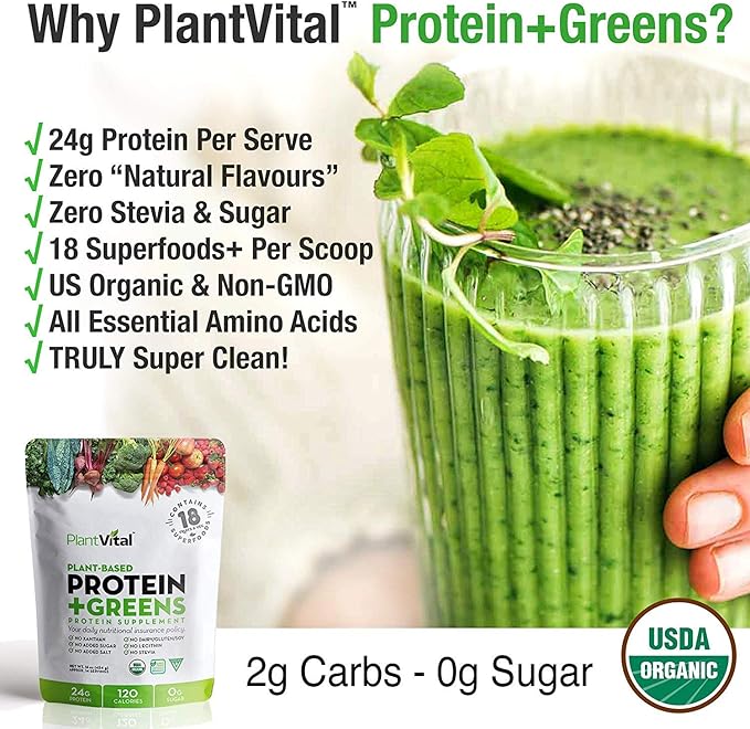 Plantvital Unflavored Organic Vegan Protein Powder - 18 Superfoods, Veggies and Probiotics - Organic Plant-Based Protein Powder - All BCAAβs, Gluten Free - 16oz -1 Pouch