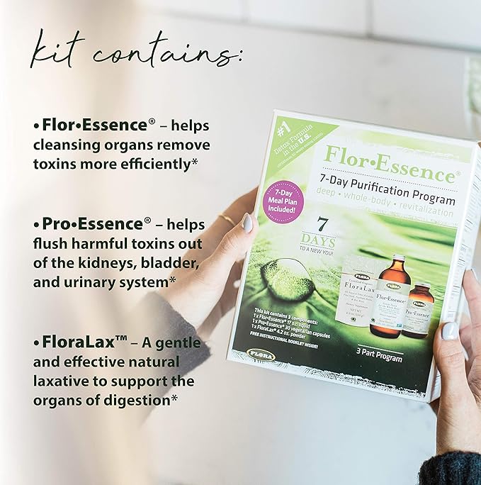 Flora - Flor-Essence 7-Day, 3-Step Kit for Full Body Detox & Cleanse, Detox Kit Contains Detox Tea, ProEssence for Urinary Health and FloraLax Laxative, Plant-Based, Gluten Free, Non GMO