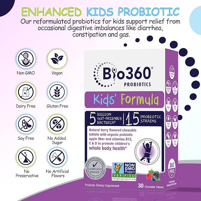 Kids Probiotic Supplement, Daily Support for Kid's Gut, Immune, Brain & Whole Body Health, 15 Strains 5 Billion CFU, Organic Prebiotic Apple Fiber, 30 Chewable Mixed Berry Flavor (2 Pack)