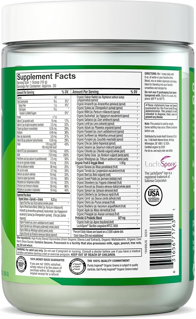 Purely Inspired Greens Powder Smoothie Mix Organic Greens Powder Superfood | Super Greens Powder Organic | Fruit + Veggie Superfood Powder | Green Smoothie Powder, 30 Servings (Package May Vary)