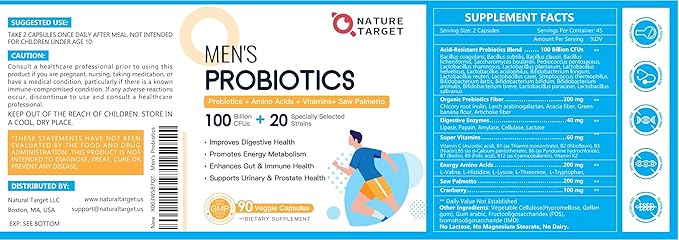 NATURE TARGET Probiotics for Men Digestive Health with Enzymes & Prebiotics, 100 Billion CFUs, Men's Probiotics with Saw Palmetto & Cranberry for Prostate & Urinary Tract Health, 90 Veggie Capsules