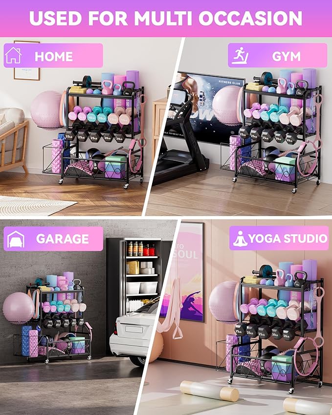 Home Gym Organizer All-in-One Yoga Dumbbell Rack Kettlebell Sets Holder, for Workout Exercise Equipment, Yoga Mat, Fitness Accessories, Home Gym Equipment Storage with Wheels