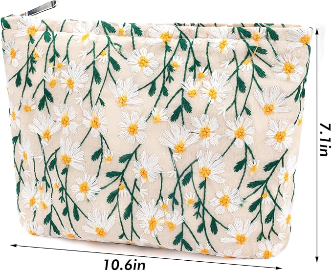 Flower Makeup Bag Travel Daisy Floral Cosmetic Bag for Women Cute Makeup Pouch Zipper Cosmetic Pouch for Purse Jacquard Aesthetic Floral Skincare Bag Portable Travel Toiletry Bag Organizer