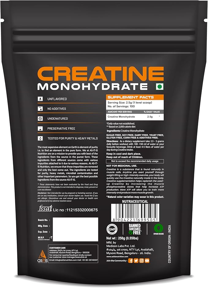 AS-IT-IS Nutrition Creatine Monohydrate 250gms/8.8 Oz | USA Labdoor Certified for Accuracy & Purity Preworkout 2.5g Per Serving Free of Fillers and Preservatives