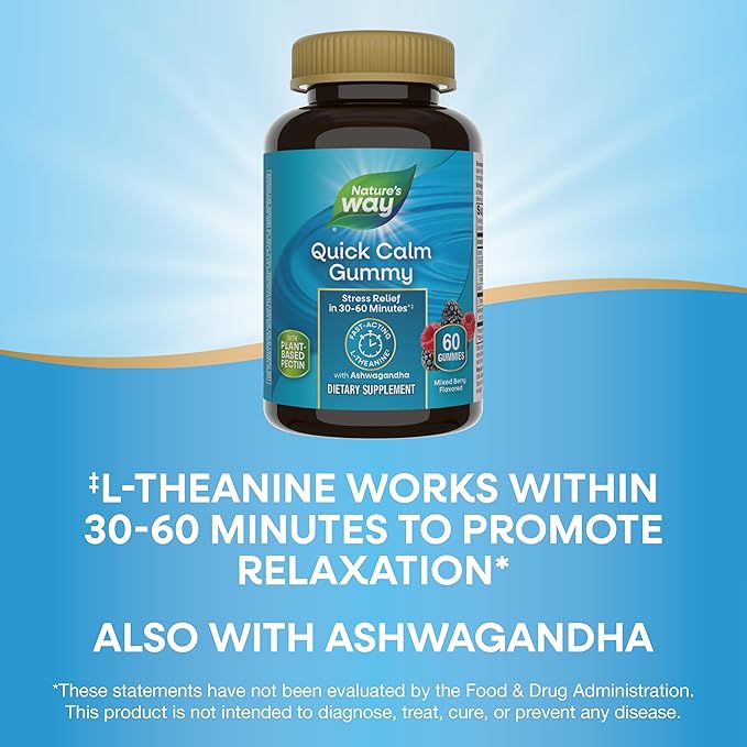 Nature's Way Quick Calm Gummies, L-Theanine for Relaxation*, Fast-Acting, Stress Relief from L-Theanine Within 30-60 minutes*, with Ashwagandha, Vegetarian, Mixed Berry Flavored, 60 Gummies