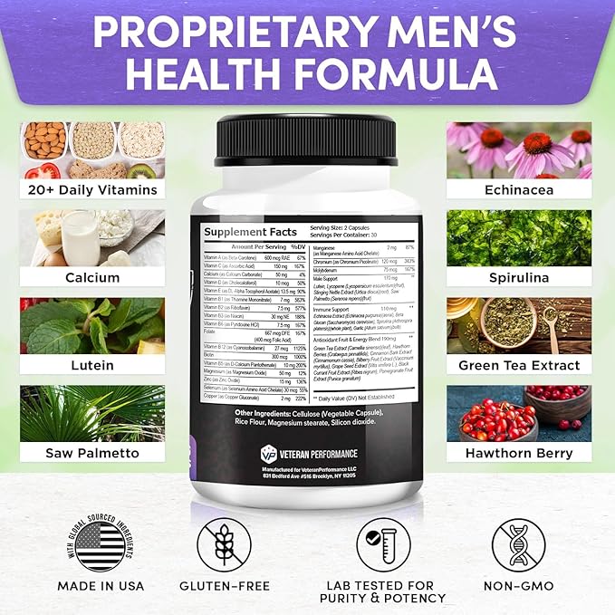Elite Vitals Multivitamin for Men โ Daily Mens Multivitamins Ages Over 20 Plus โ Prostrate Energy Immune Joint Support โ Daily Mens Vitamins and Minerals (60 Capsules)